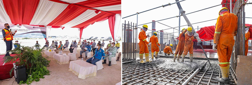 Photos (left to right): H-D Garz, Executive Vice President-Corporate Planning and Business Strategy at PTFI, speaks to employees at a recent ceremony. Workers pour the concrete foundation at PTFI’s Manyar Smelter and Manyar Maju Copper Refinery project.