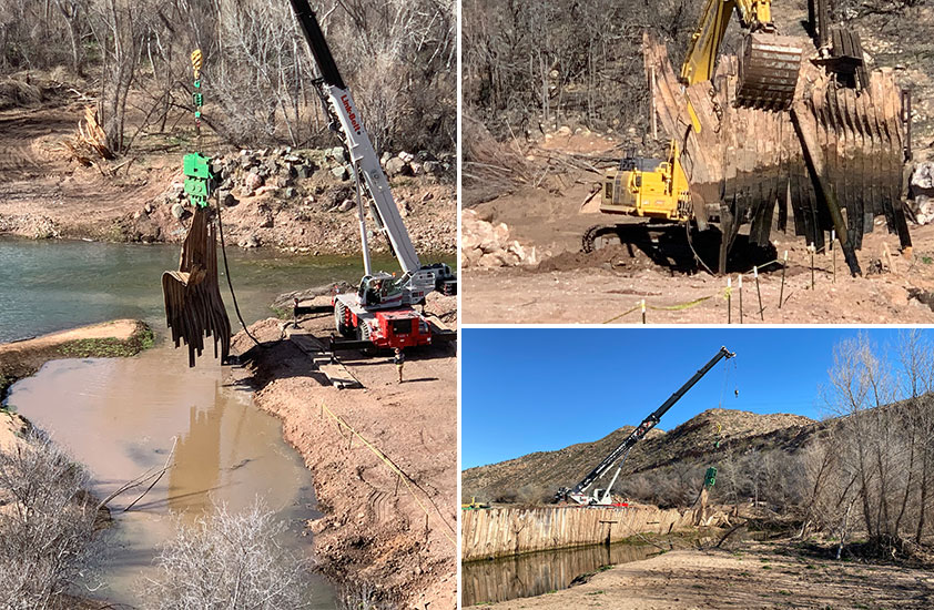 A 100-ton vibratory crane was used to shake panels loose during the removal of a century-old dam that supported a long-closed smelter; Challenging conditions and access issues required the use of both large and small equipment to remove the corrugated steel panels; A heavy crane removes panels in the 320-foot dam on the Verde River. 