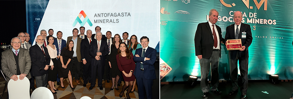 Francisco Costabal (center holding award) celebrates his recognition by multiple industry organizations with Freeport workers in Santiago.  Francisco Costabal (right) is honored for his half-century of work in the mining industry by the Association of Industrialists of Antofagasta and its president, Marko Razmilic.