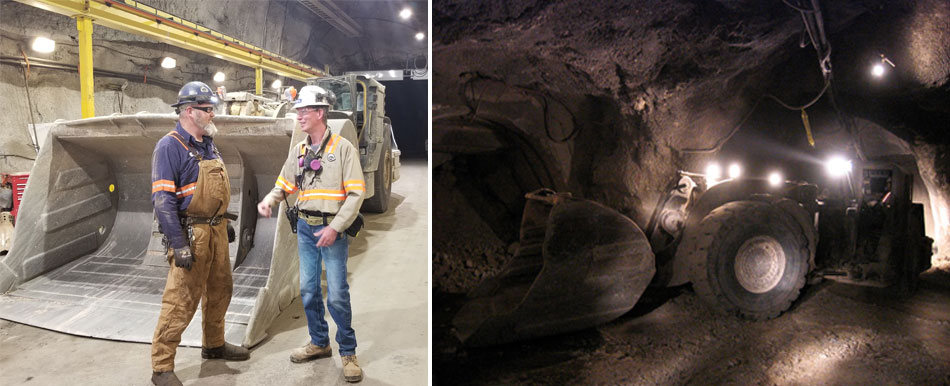 Photos (left to right): : Dave Loring, right, talks with Paul Goodman, Mobile Equipment Diagnostic Mechanic, during a recent walkthrough of the Henderson mine; The Henderson mine manages the hazards of working underground with a strong safety culture.