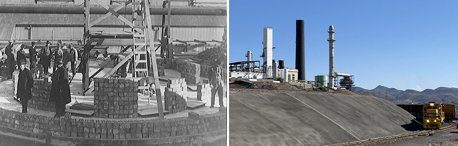 Side by Side photos- from left to right- Work on the black smokestack at the Miami smelter began in 1914; The iconic black smokestack that has towered over the Miami smelter for more than a century is being taken down to make room for modernization efforts.