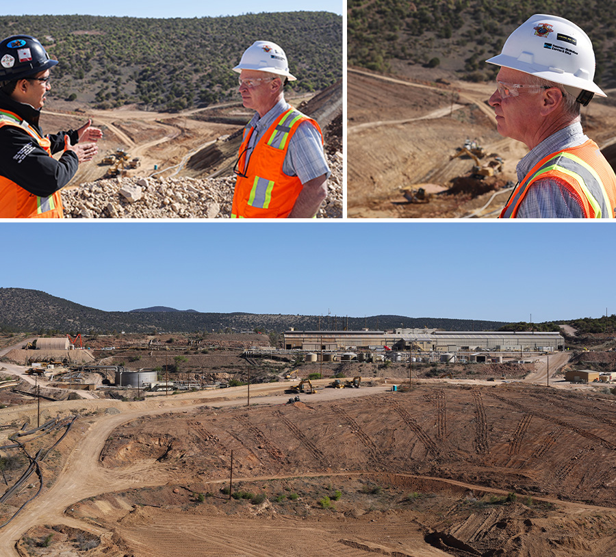 As contractors work below, engineers Jose Carrasco (left) and David Brence discuss the progress of North Lampbright; David Brence is overseeing North Lampbright, which is expected to be under construction for at least two years; In addition to North Lambright (foreground), Chino’s hydromet operation also is being repaired (right) and expanded (left).  