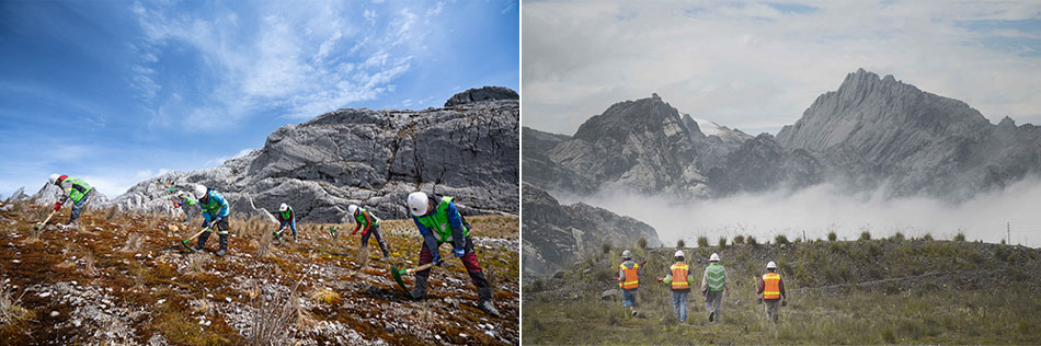 fter the old stockpiles are covered with limestone, workers install native grasses to restore the mountaintop to a more natural habitat; About 300 workers are engaged in environmental restoration work at the Grasberg open pit stockpiles