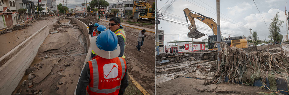 Crews from Cerro Verde survey the damage to streets after recent floods and Cerro Verde provided heavy equipment to clear the debris after recent flooding in Arequipa.