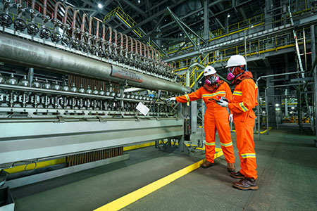 The integrated cooling system, which protects the smelter furnace, is checked during a recent maintenance inspection at the Manyar smelter.